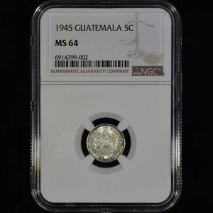1945 GUATEMALA 5 CENTAVOS ✪ NGC MS-64 ✪ SILVER COIN 5C UNCIRCULATED ◢TRUSTED◣ - Picture 1 of 4
