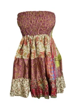 Boho Gypsy Hippy Skirt Dress Printed Recycled Sari Strapless Dress S/M