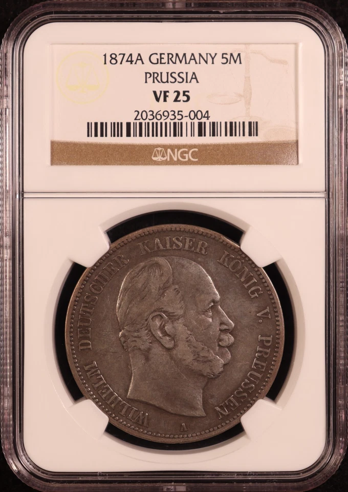 1874-A Germany Prussia "Kaiser Wilhelm I" Silver 5 Mark - NGC VF25 - Original! - Image 1 of 4