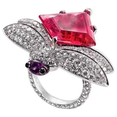 4.92 TCW Simulated Trillion Ruby & Round Sapphire Dragonfly Unique Women's Ring - Image 1 of 4