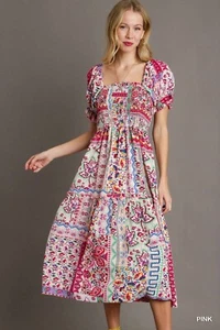 Umgee Mixed Print A-Line Squared Neck Dress Smocked Bodice & Short Puff  Sleeves - Picture 1 of 3