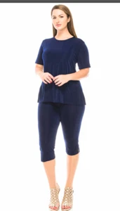 Solide dunkelblau Caprihose & Kurzarm Oberteil Set bügelfrei pflegeleicht Reisen - Bild 1 von 3