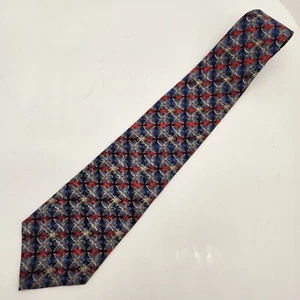 Vintage 90s Oscar de la Renta tie blue red floral necktie geometric Made in USA - Picture 1 of 9