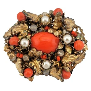 Rare Vintage Miriam Haskell Goldtone Faux Coral & Pearl Brooch Pin Unsigned 2" - Picture 1 of 17