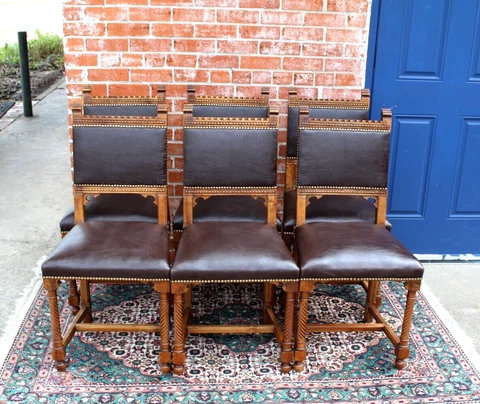Set of 6 French Antique  Walnut Gothic Vinyl Upholstered Dining Chairs Cover