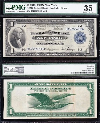 AWESOME Crisp Choice VF++ 1918 $1 New York FRBN Note! PMG 35! FREE SHIP! 55706A - Image 1 of 3