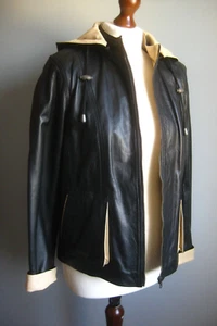 VINTAGE LEATHER JACKET HOOD 10 bomber biker mod two tone black white quality LLD - Picture 1 of 18