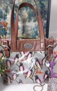 FOSSIL Key Per Handbag Grey Bird Print Canvas Brown Leather Trim Tote Bag charm - Picture 1 of 10