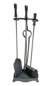 VINTAGE HAND WROUGHT IRON HAMMERED GOTHIC FIREPLACE FIRE PLACE TOOLS SET - Picture 1 of 5
