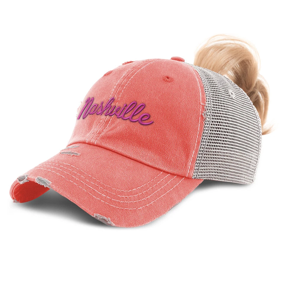 Womens Ponytail Cap Nashville Love America Cotton Usa Distressed Trucker Hats - Image 1 of 1