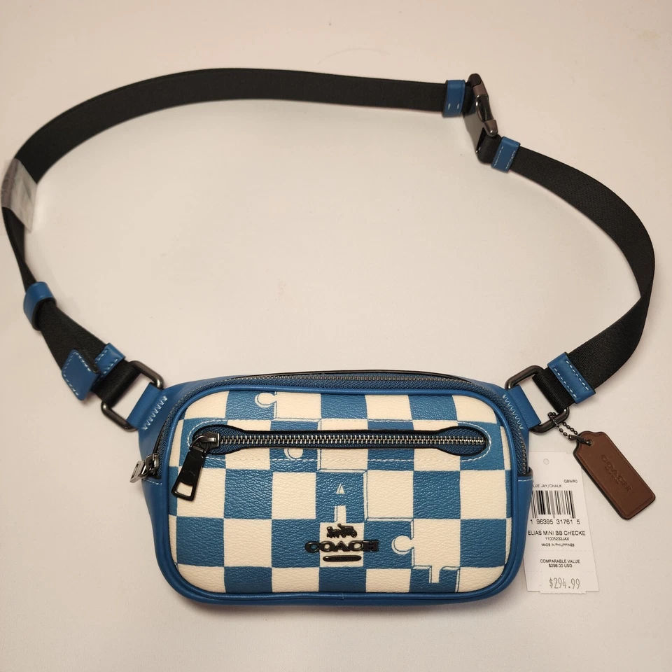 Coach CR210 Elias Mini Belt Bag Checkerboard Sling Fanny in Blue Jay/Chalk
