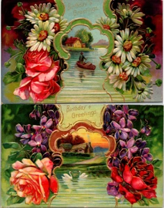 Lote de 2 postales de cumpleaños con bordes dorados florales Art Nouveau - Imagen 1 de 5