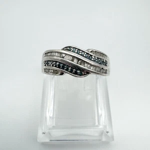 Blue & White Diamond Multi Row Ring in Sterling Silver 925 Q - R - Picture 1 of 9