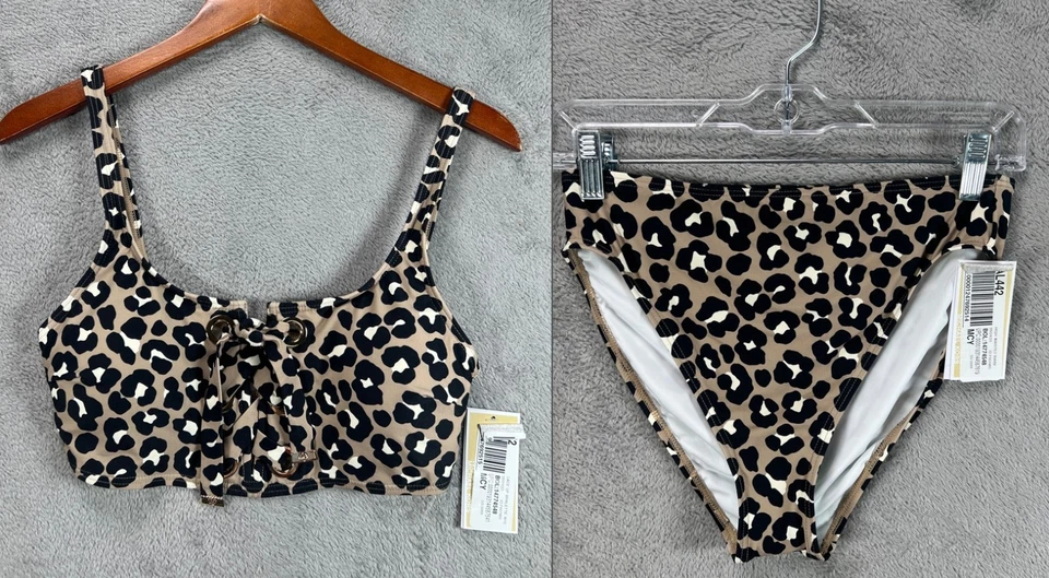 MICHAEL KORS Womens Medium Leopard Bikini 2 Piece Swimsuits Lace Up Bra Hi Waist - Image 1 of 4