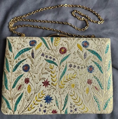 Bolso sin asas vintage dorado colorido floral estampado correa de cadena años 50? Foto 1 de 4