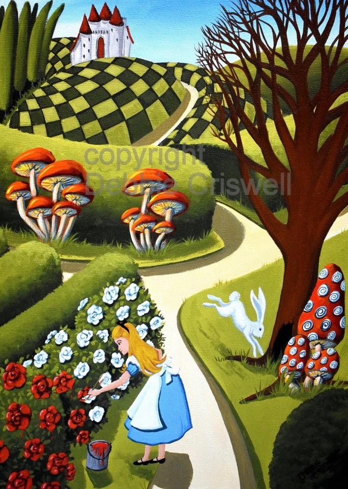 PRINT Of Painting Aceo Alice Wonderland Red Roses Rabbit Signed Orig. Folk Art - Image 1 of 1