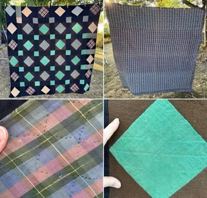 VTG Quilt Wool Feedsack Brown Green Diamond Stitch Patchwork 70x70 Scrap - Picture 1 of 19
