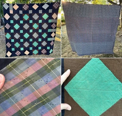 VTG Quilt Wool Feedsack Brown Green Diamond Stitch Patchwork 70x70 Scrap - Image 1 of 4