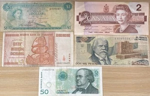 Lot Of 5 World Banknotes- Bahamas, Canada, Zimbabwe, Mexico & Norway Circulated - Picture 1 of 8
