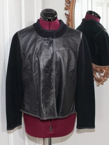 Jones New York Collection Black Leather & Black Knits Cardigan Sz Small - Picture 1 of 8