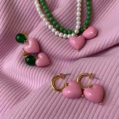 Pink Heart Drop Earrings Women Freshwater Pearl Beaded Candy Color Style Jewelry - Image 1 of 4