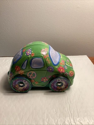 VW Beetle Bug  Tin Car with Flowers and Peace Signs - Image 1 of 4