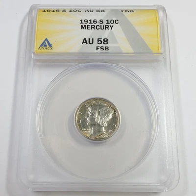 1916 S ANACS AU58 FB Full Bands - Silver Mercury Dime 10c US Coin #57914A - Image 1 of 3