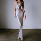 Women Maxi Spaghetti Dress Metallic Bodycon See-Through Nightwear Sleeveless