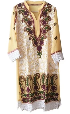 Túnica étnica longa Kurti Paisley bordada Georgette amarelo claro Kurta L-40" - Imagem 1 de 3