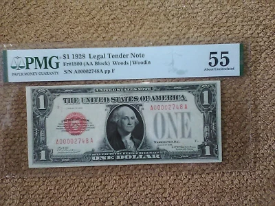 EXTREMELY RARE 1928 $1 ONE DOLLAR A-A BLOCK FOUR DIGIT NOTE, AU, PMG 55,RED SEAL - Image 1 of 4