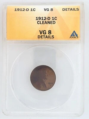 1912 D LINCOLN WHEAT CENT PENNY 1C ANACS CERT VG8 DETAILS CLEANED - Image 1 of 2