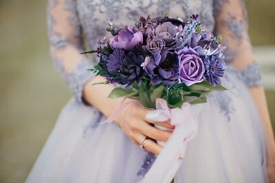 Moody Purple Bridal Bouquet Lavender Sola Wood Wildflower Bridesmaid Prom Flower - Image 1 of 2
