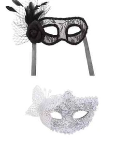 2x Masquerade Mask Fancy Dress Black Silver Feathers Lace Ball Mardi Gras Party - Picture 1 of 20