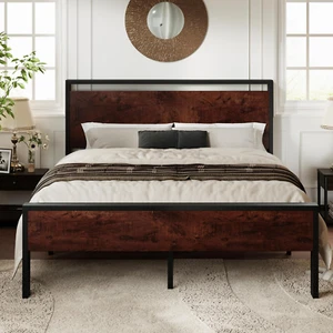 Queen Size Platform Bed Frame with Wooden Headboard and Footboard, Heavy Duty 12 - Picture 1 of 8