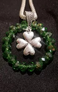 Emerald green glass beads/silver shamrock 20"necklace 2 mm mesh chain Irish gift - Picture 1 of 6