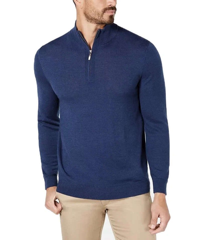New Mens Club Room Mock Neck 1/2 Zip Merino Wool Blend Blue Pullover Sweater S - Image 1 of 1