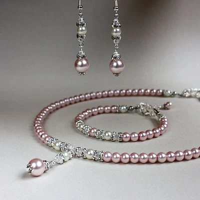 Pink cream pearl crystal collar necklace bracelet earrings wedding jewellery set - Image 1 of 4