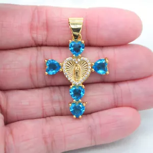 18K Yellow Gold Filled Lake Blue Topaz Catholic Heart Virgin Mary Cross Pendant - Picture 1 of 14