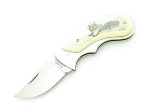 Vtg 80s Ka-bar Olean NY 1500 Seki Japan Scrimshaw Folding Lockback Pocket Knife - Picture 1 of 7