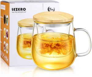 Glass Tea Infuser Cups with Strainer and Lid, 15 Ounce Heat Resistance Borosilic - Picture 1 of 12