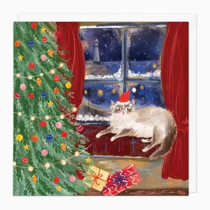 Whistlefish Happy Cat Christmas Card Lights Baubles Lighthouse Presents 178 - Picture 1 of 1