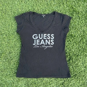 Guess Jeans Los Angeles Rhinestone V-Neck T-Shirt Women's XL Black - Picture 1 of 6