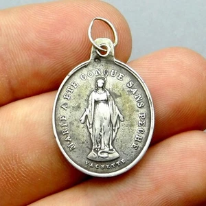 Wunderbare Medaille von Vachette. Hl. Jungfrau Maria. Antiker religiöser Silber Anhänger. - Bild 1 von 8