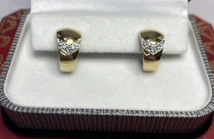 Vintage Designer 14k Yellow Gold White Sapphire Pave Omega Huggie 585 Earrings - Picture 1 of 12