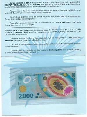 2000 lei Banknote - Total Solar Eclipse 1999, Europe The First Polymer Banknote - Image 1 of 2
