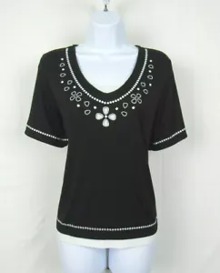 Vintage 1980er 90er TANJAY PETITIES TOP GRÖSSE LARGE SCHWARZ WEISS STICKEREI AUSSCHNITTE - Bild 1 von 11