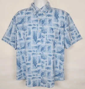 HUK Fishing Shirt Mens L Short Sleeve Button Up Marlin Tuna Blue Hawaiian Fish - Picture 1 of 11