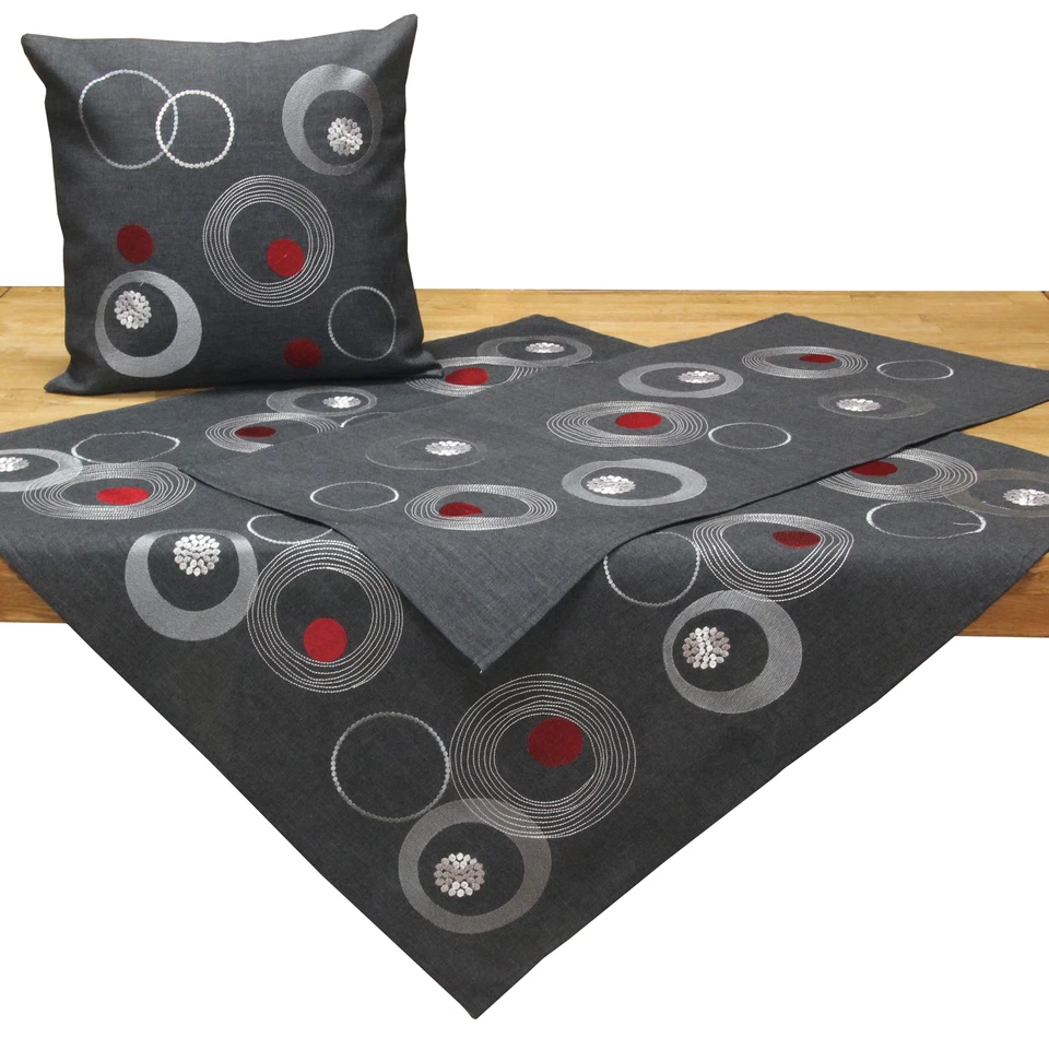 Modern Circle Embroidery Tablecloth Table runner Cushion cover Linen-Look Grey - Image 1 of 1