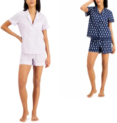 Conjunto de pantalones cortos de pijama de algodón con cuello con muescas Charter Club para mujer XS, S, M, XL, 2XL Foto 1 de 2