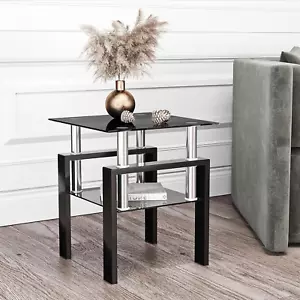 Glass End Table Set of 2 Modern Side Tables Black Small Coffee Table Living R... - Picture 1 of 6